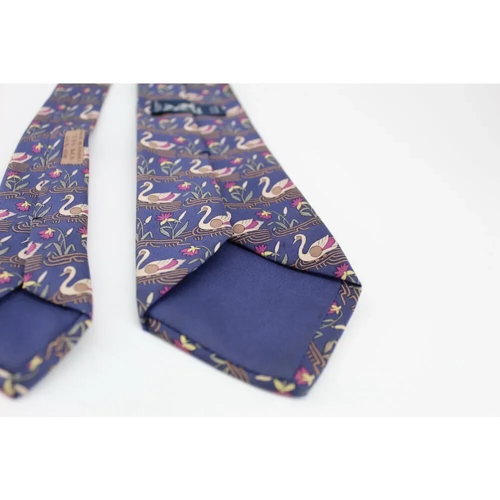 Hermès Swan Tie Mens Blue 100% Silk Made In France Novelty Animal Print